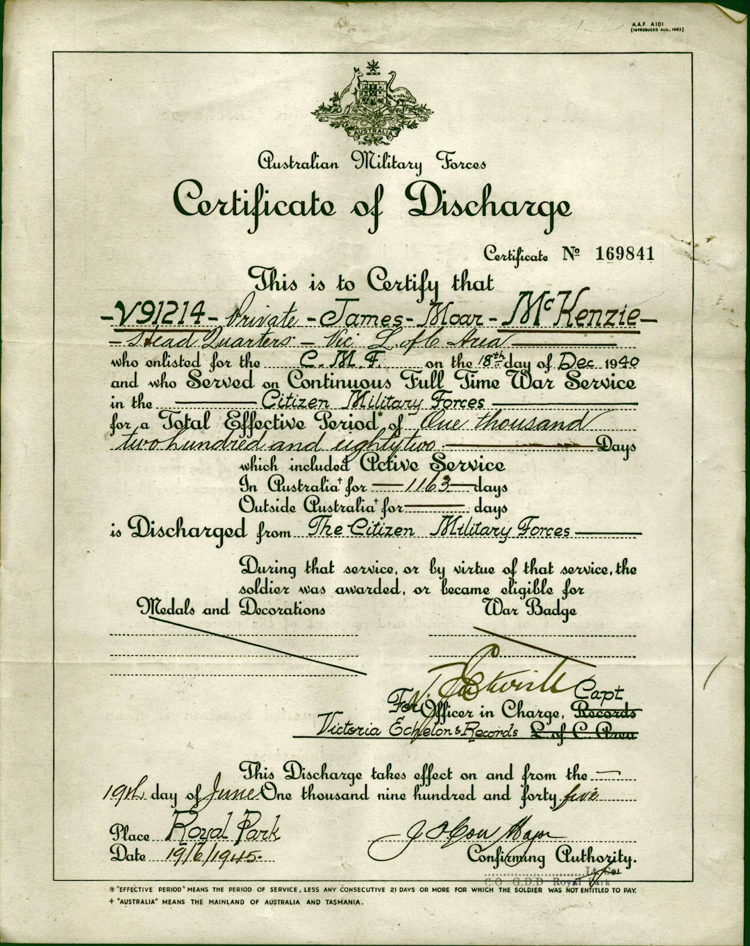 Certificate of Discharge - Issued to Private James Moar Mckenzie, Citizen Military Forces, 19 Jun 1945